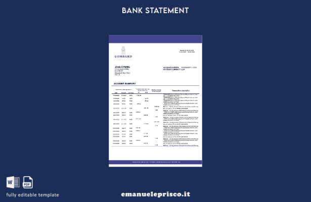 stile verificato Malta Lombard Bank Malta p.l.c. modello word di estratto conto 